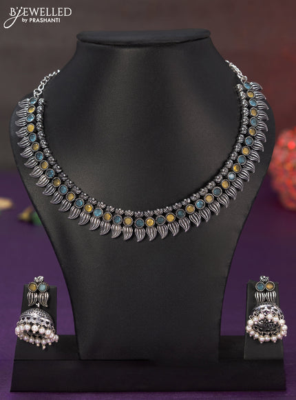 Oxidised necklace with ice blue and yellow stones