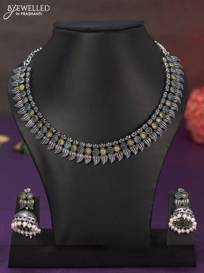 Oxidised necklace with ice blue and yellow stones