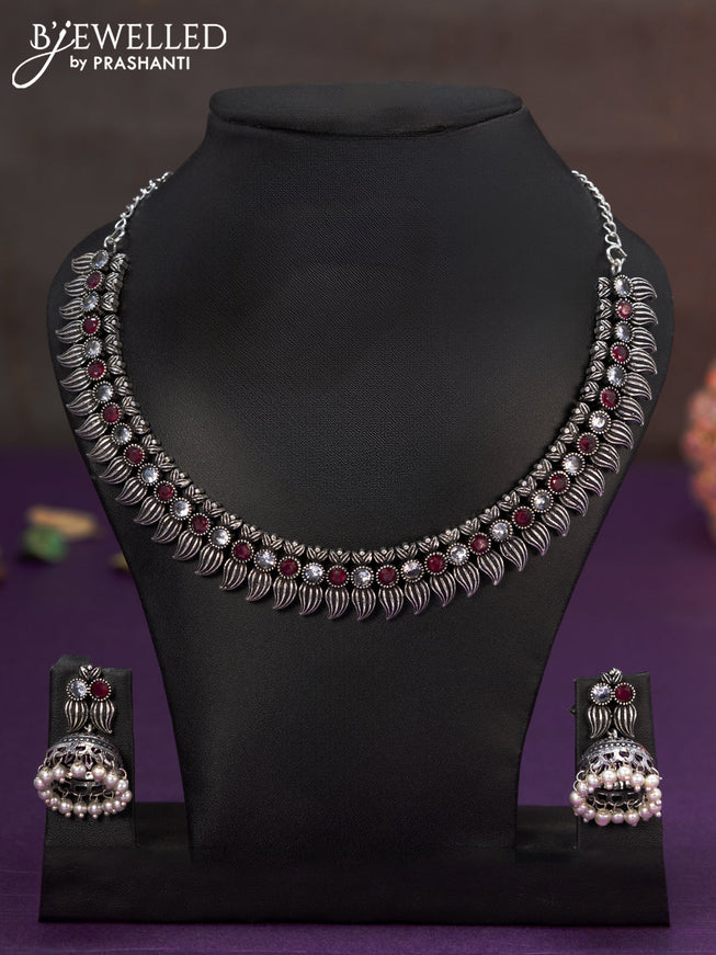 Oxidised necklace with ruby and cz stones