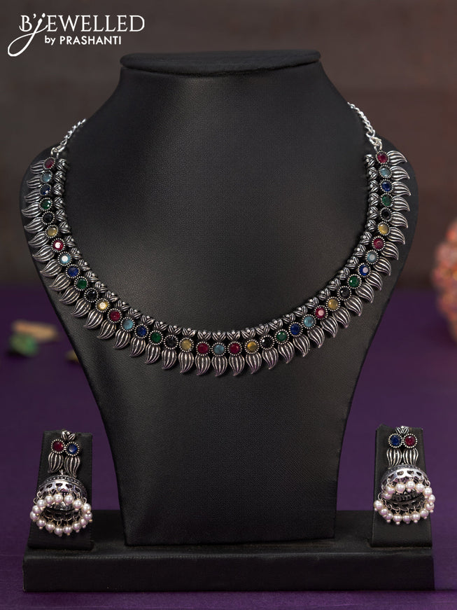 Oxidised necklace with multicolour stones