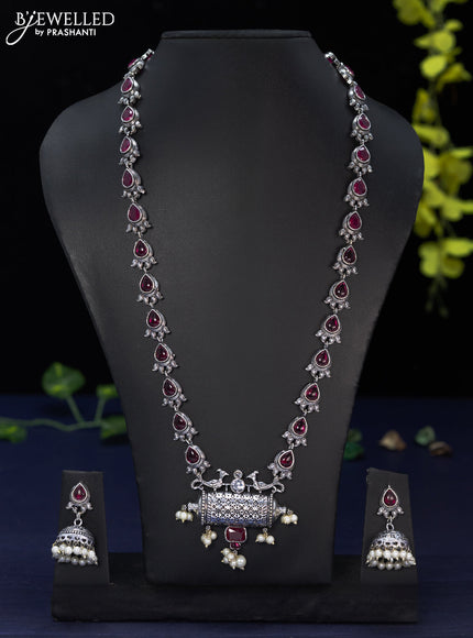 Oxidised haaram with ruby & cz stones and pearl hangings