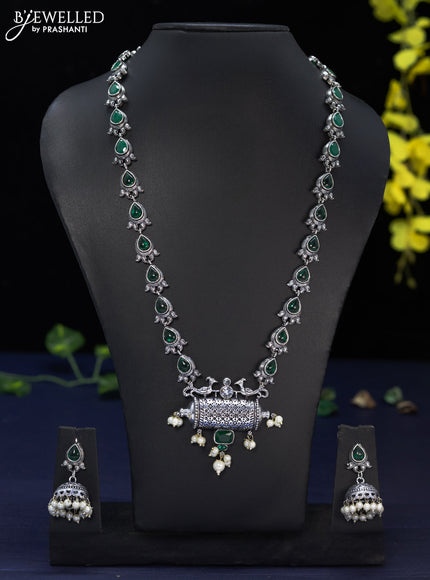 Oxidised haaram with emerald & cz stones and pearl hangings