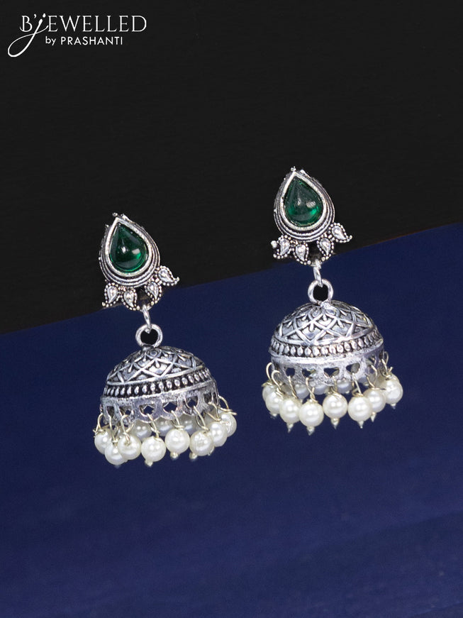 Oxidised haaram with emerald & cz stones and pearl hangings