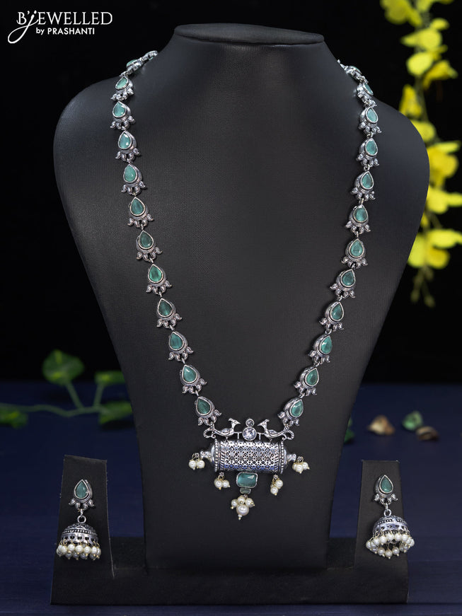 Oxidised haaram with mint green & cz stones and pearl hangings