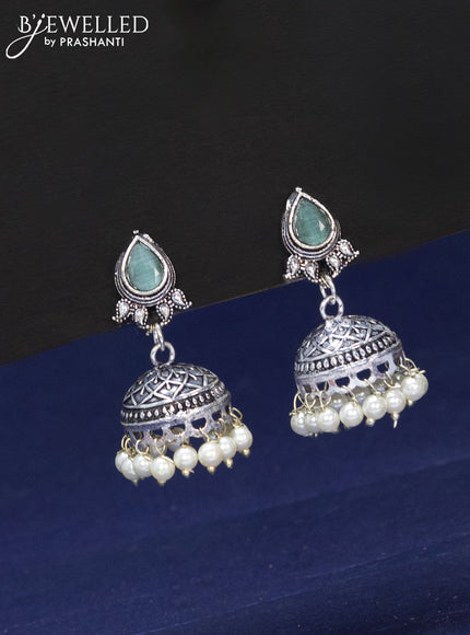 Oxidised haaram with mint green & cz stones and pearl hangings