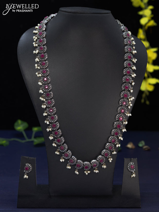 Oxidised haaram with ruby stones and pearl hangings