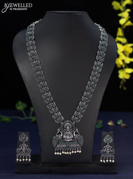 Oxidised haaram lakshmi design with emerald stones and pearl hangings