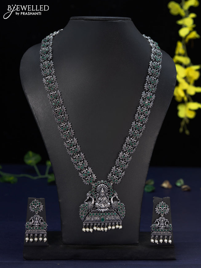 Oxidised haaram lakshmi design with emerald stones and pearl hangings