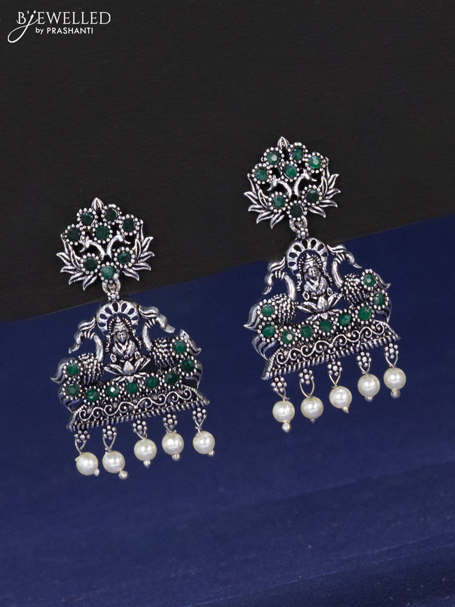 Oxidised haaram lakshmi design with emerald stones and pearl hangings