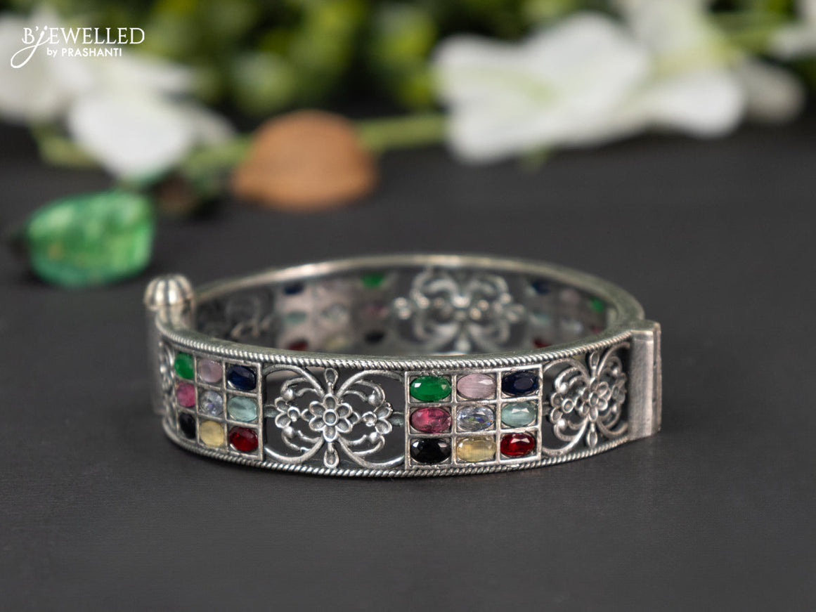 Oxidised screw type bangle with multicolour stones