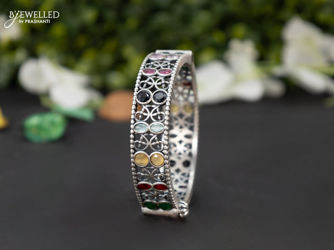 Oxidised screw type bangle with multicolour stones