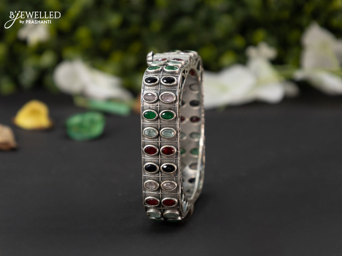 Oxidised screw type bangle with multicolour stones