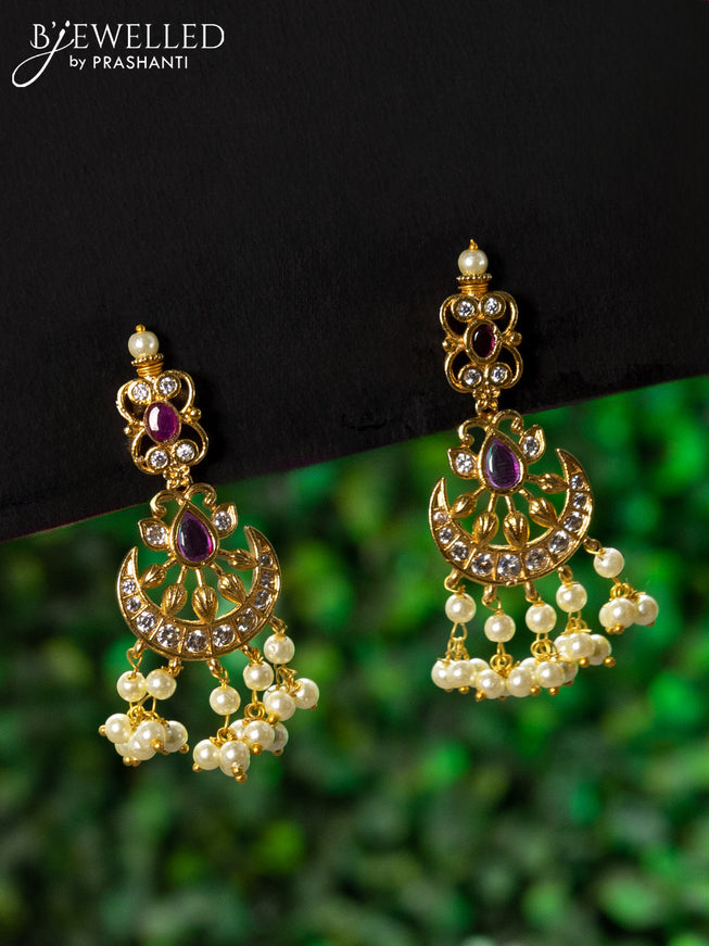 Antique guttapusalu haaram chandbali design with pink kemp & cz stones and pearl hangings