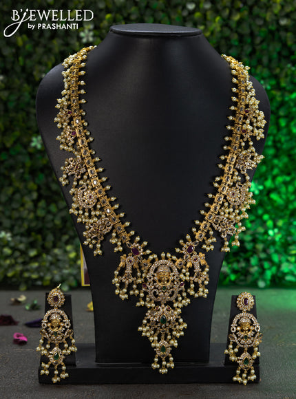 Antique guttapusalu haaram kemp & cz stones with tirupati balaji pendant and pearl hangings