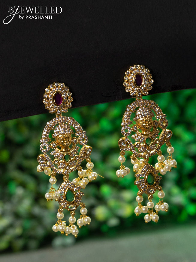 Antique guttapusalu haaram kemp & cz stones with tirupati balaji pendant and pearl hangings