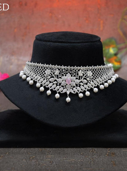 Zircon choker floral design with baby pink & cz stones and pearl hangings