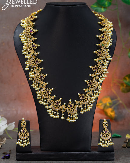 Antique haaram chandbali design with kemp & cz stones and pearl hangings