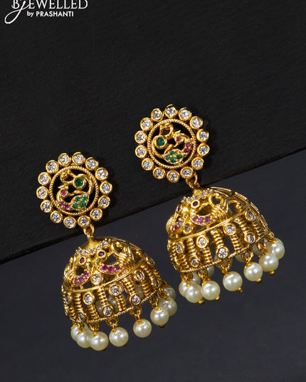Antique jhumka peacock design with kemp & cz stones and pearl hangings