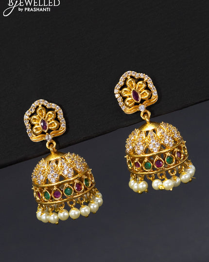 Antique jhumka floral design with kemp & cz stones and pearl hangings