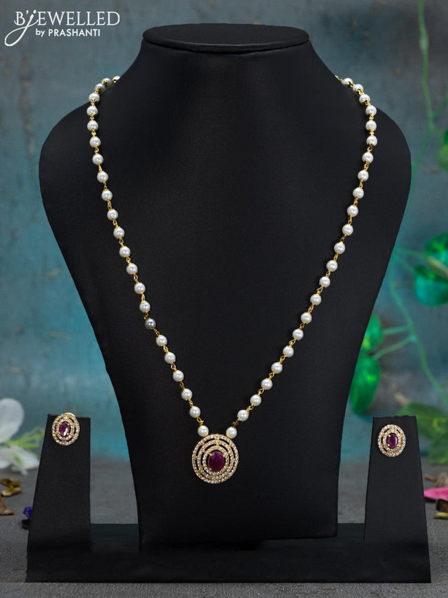 Pearl necklace with pink kemp and cz stones