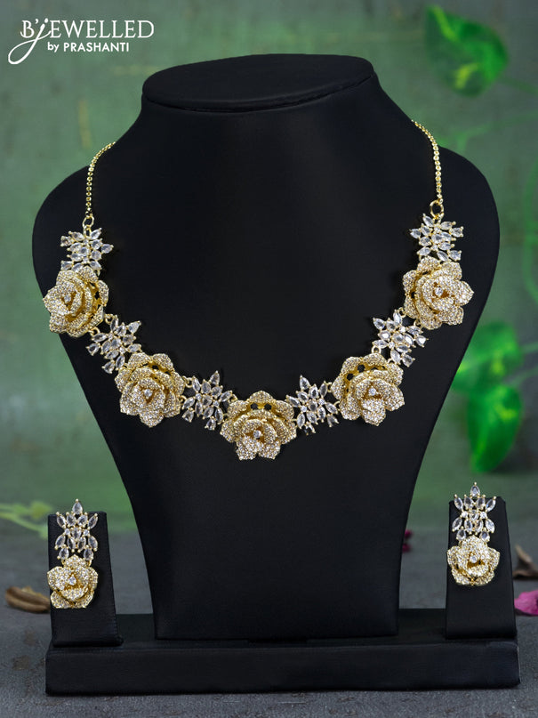 Zircon necklace floral design with cz stones in gold finish