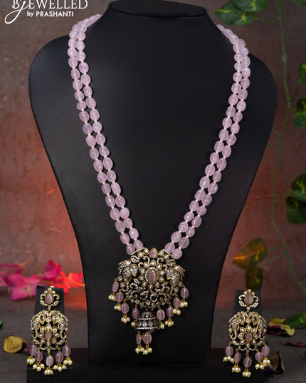 Beaded double layer baby pink necklace elephant design with cz stones and beads hanging in victorian finish