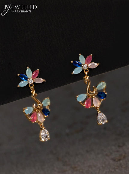 Rose gold earrings peacock design with multicolour & cz stones and hangings