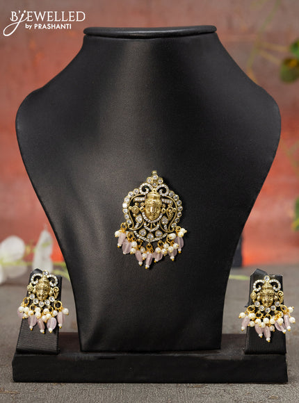 Victorian finish pendant set tirupati balaji design with cz stone and baby pink beads hanging