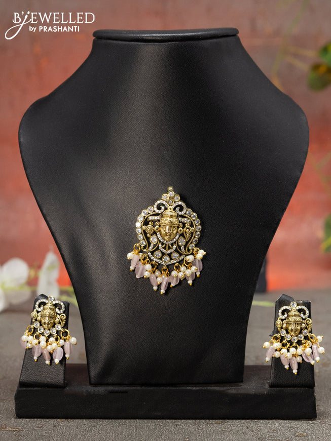 Victorian finish pendant set tirupati balaji design with cz stone and baby pink beads hanging