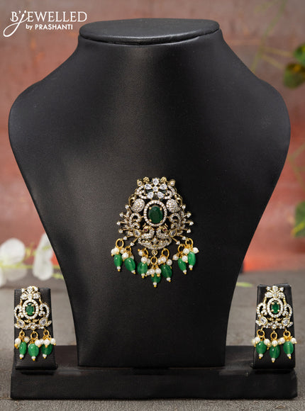 Victorian finish pendant set peacock design with emerald & cz stone and beads hanging