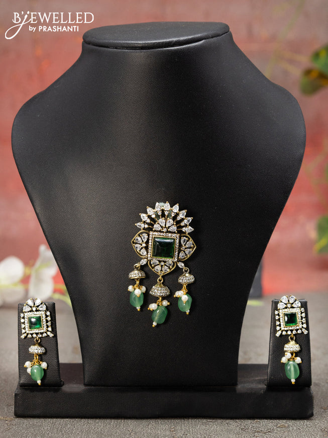 Victorian finish pendant set with emerald & cz stone and beads hanging