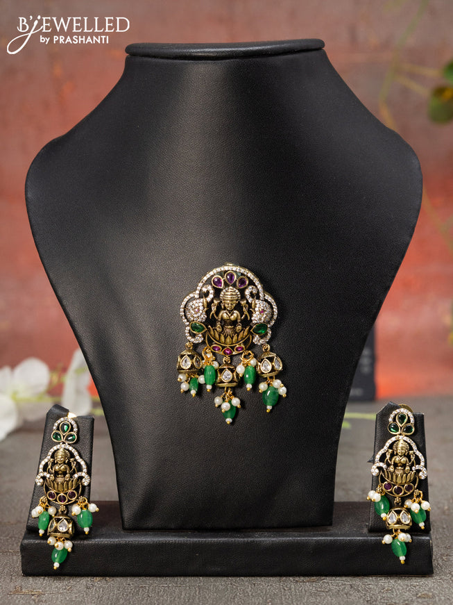 Victorian finish pendant set lakshmi design with kemp & cz stone and beads hanging
