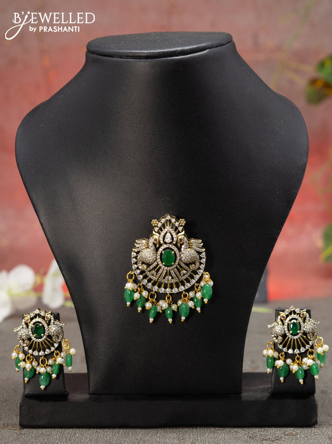 Victorian finish pendant set peacock design with emerald & cz stone and beads hanging