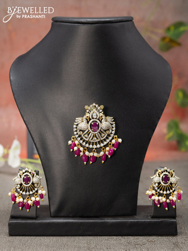 Victorian finish pendant set peacock design with ruby & cz stone and beads hanging