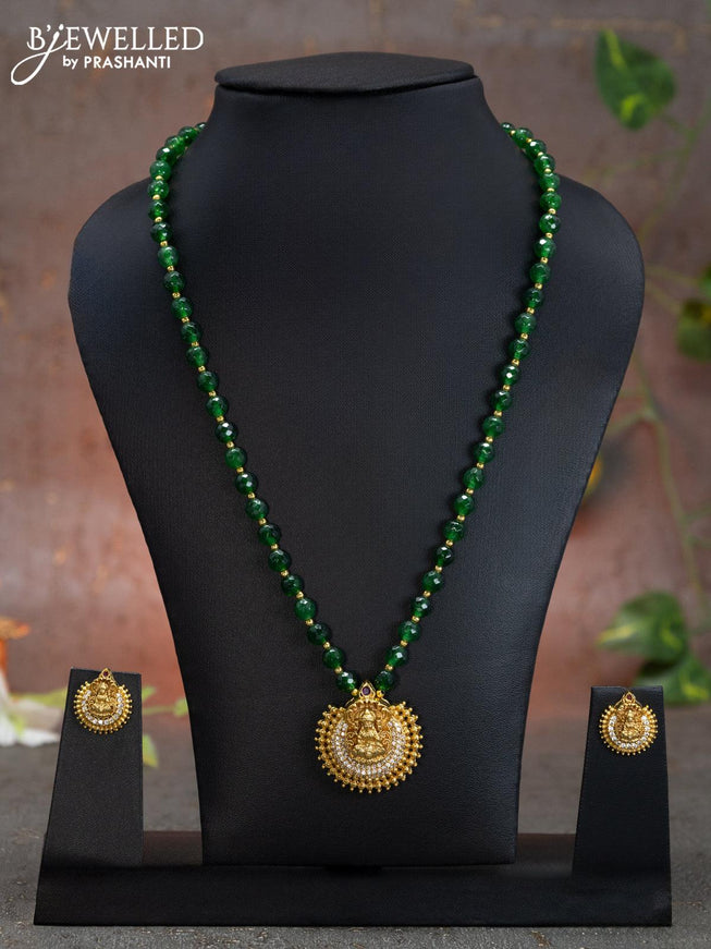 Beaded green necklace with cz stones and lakshmi pendant