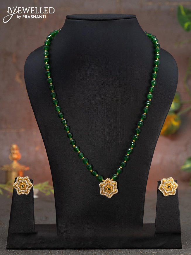 Beaded green necklace floral design with emerald and cz stones