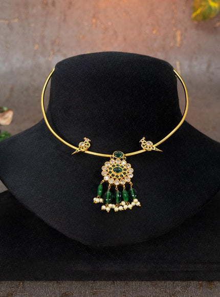 Antique ring type choker parrot design with emerald & cz stone and green beads hangings