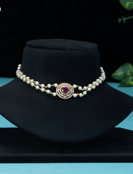 Pearl choker with ruby and cz stones