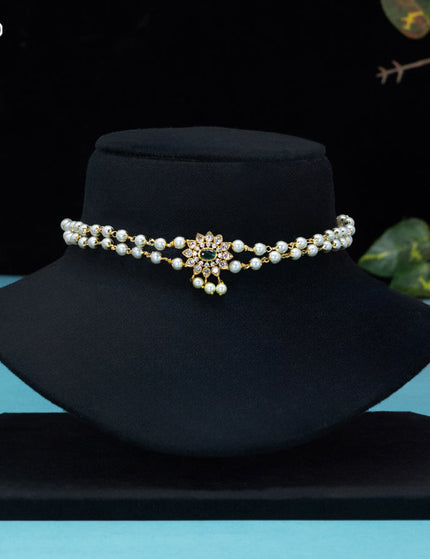 Pearl choker floral design with emerald & cz stones and pearl hangings