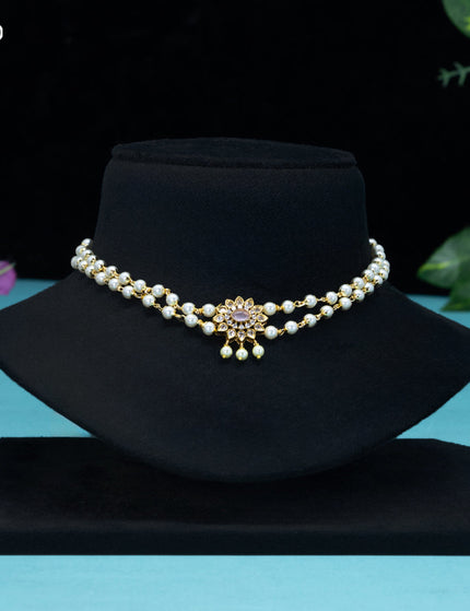 Pearl choker floral design with baby pink & cz stones and pearl hangings