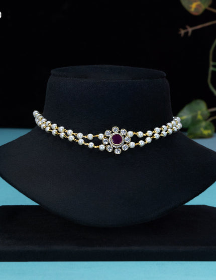 Pearl choker with ruby and cz stones