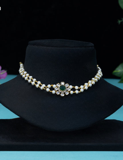 Pearl choker with emerald and cz stones