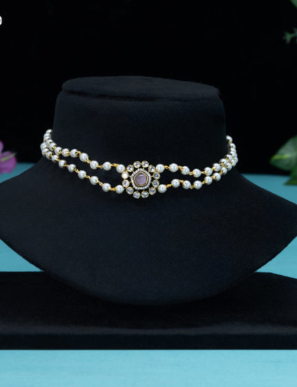 Pearl choker with baby pink and cz stones