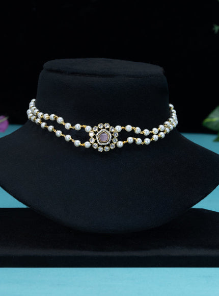 Pearl choker with baby pink and cz stones