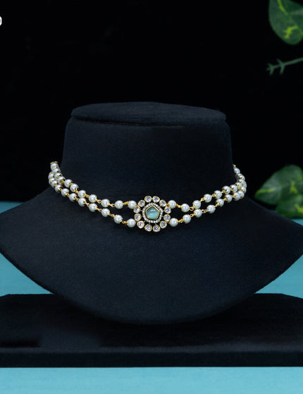 Pearl choker with mint green and cz stones