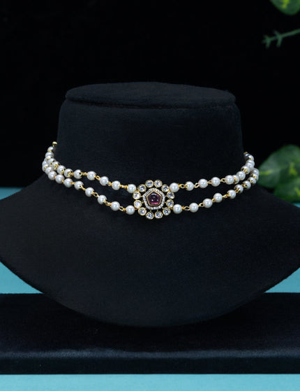 Pearl choker with ruby and cz stones