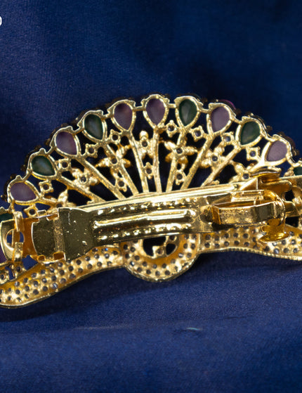 Antique hair clip medium size peacock design with kemp and cz stones