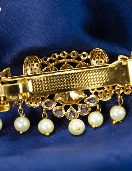 Antique hair clip small size lakshmi design with kemp & cz stones and pearl hangings