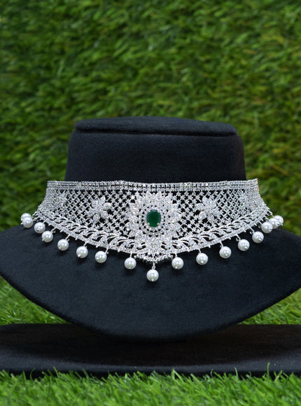 Zircon choker floral design with emerald & cz stones and pearl hangings