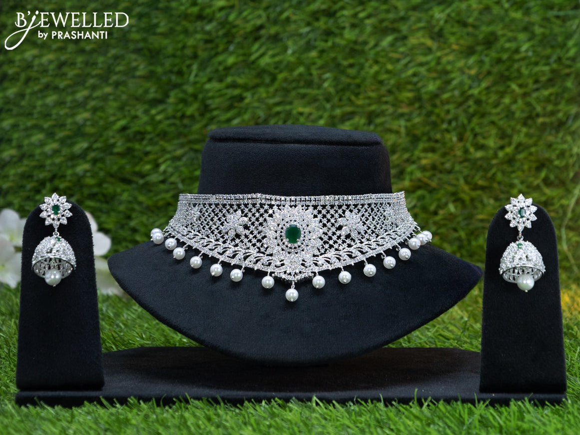 Zircon choker floral design with emerald & cz stones and pearl hangings